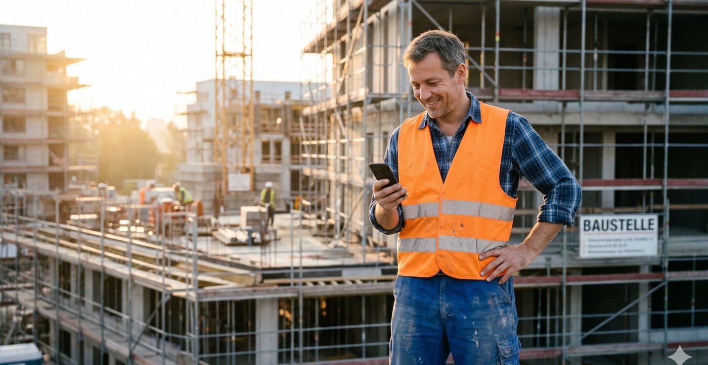 Monteur auf der Baustelle dokumentiert per WhatsApp